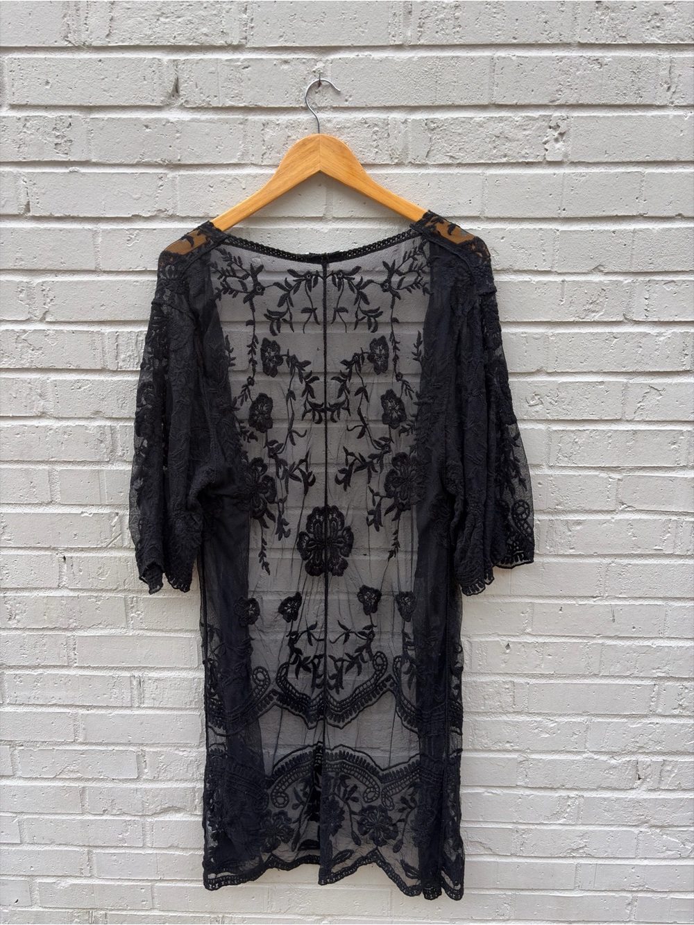 Black Sheer Boho Embroidered Woven Heart Kimono Cardigan - Picture 7 of 9